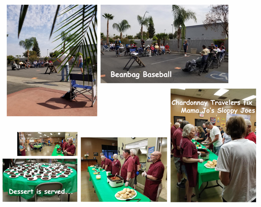 collage of photos of people playing games, serving food and deserts laid out on a table.